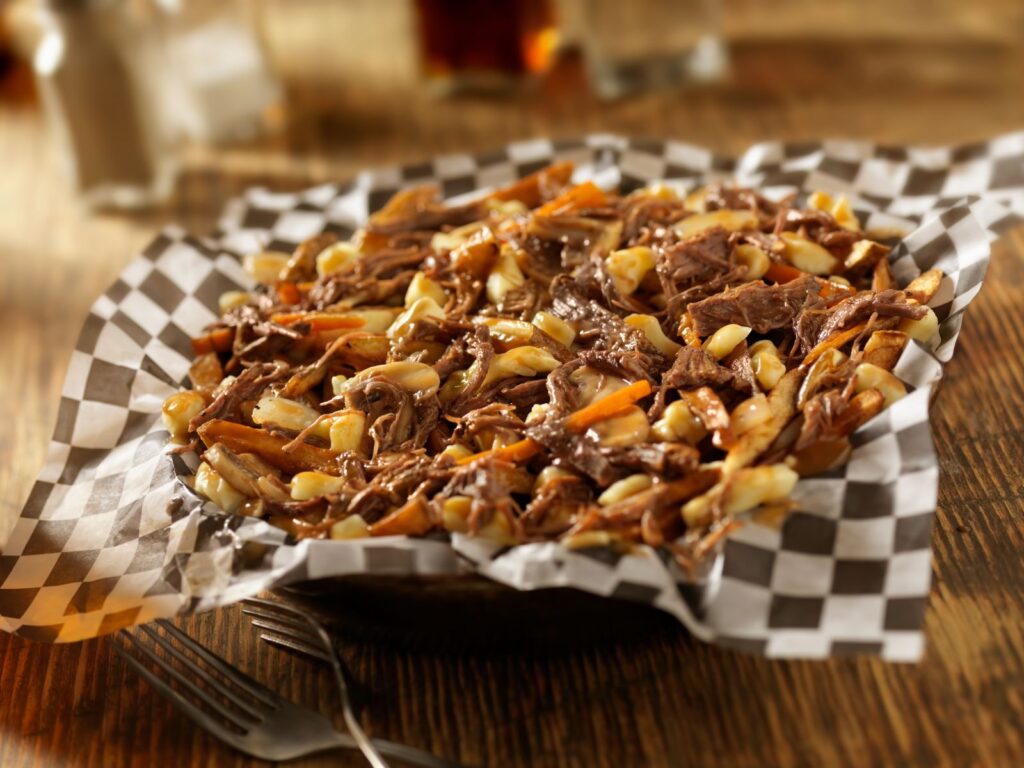 Modern Poutine topped with pulled pork meat