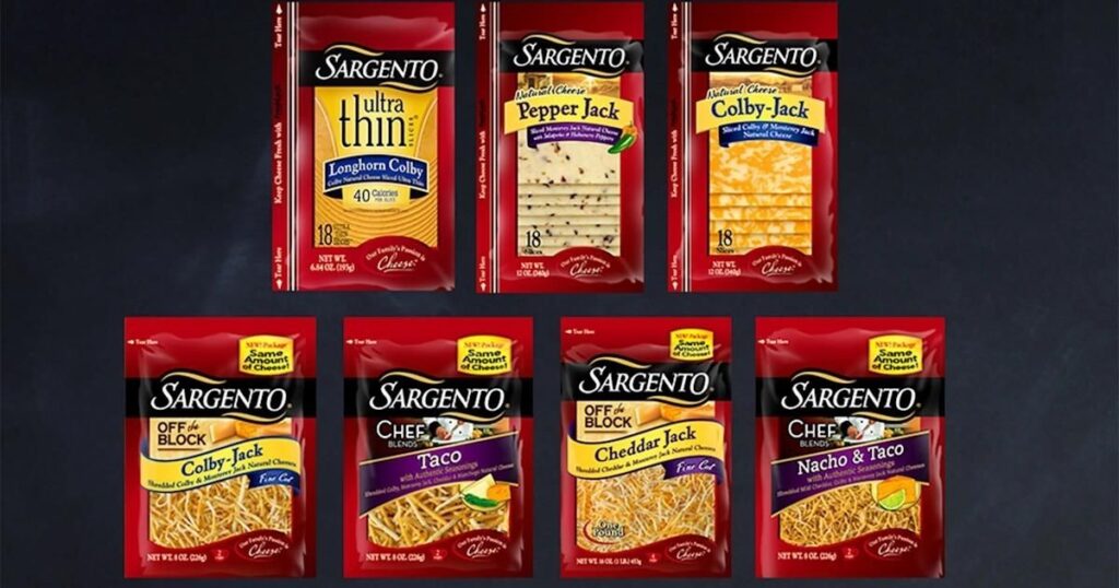 Line-up of packaged Sargento Cheese