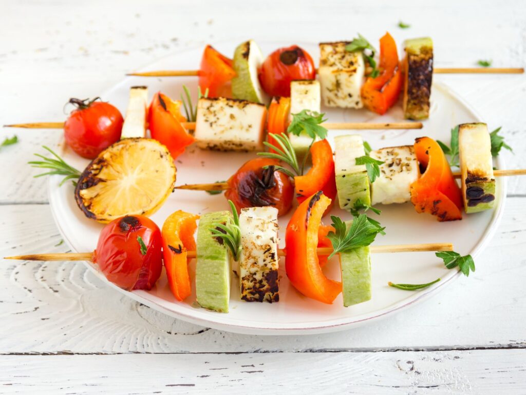 Grilled Halloumi Skewers with capsicum, tomatoes and zucchini