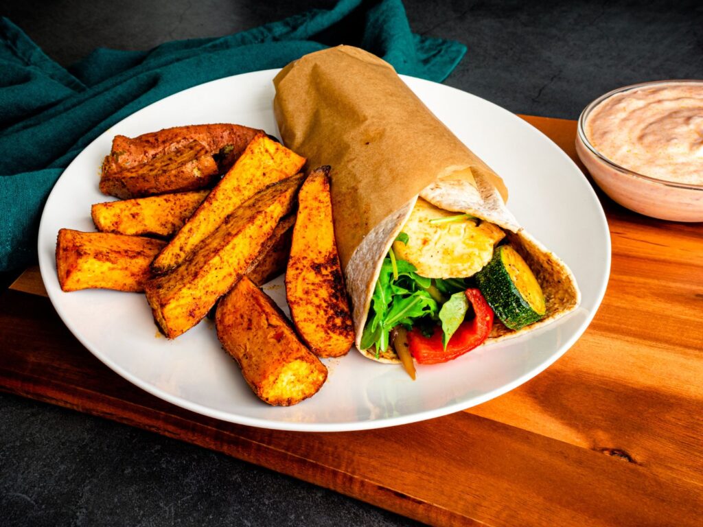 Halloumi & vegetable Wrap with side of grilled sweet potato 